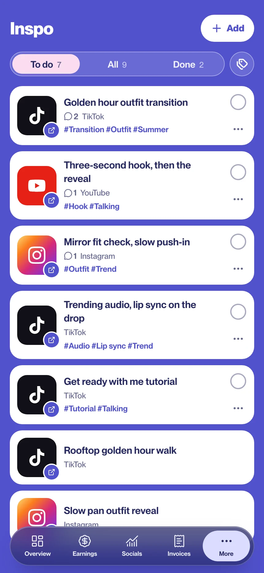 ACE Creator Inspo board with sample ideas
