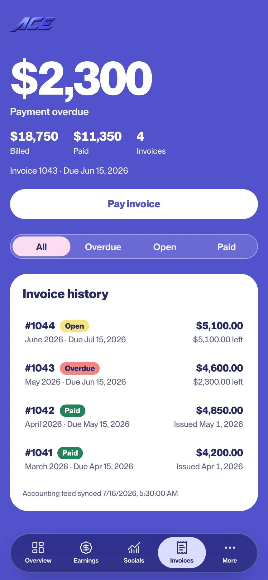 ACE Creator Invoices screen with representative data